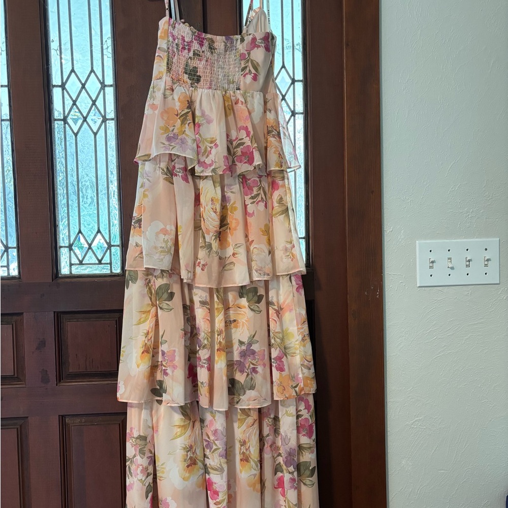 Birdy Grey Lola Chiffon Dress in Coral Sunset Peonies - Size M - Picture 2 of 9